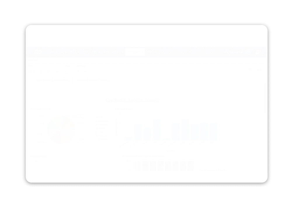 Animation montrant le tableau de bord d'analyse des employés avec le rapport d'analyse de localisation et le rapport récapitulatif de localisation